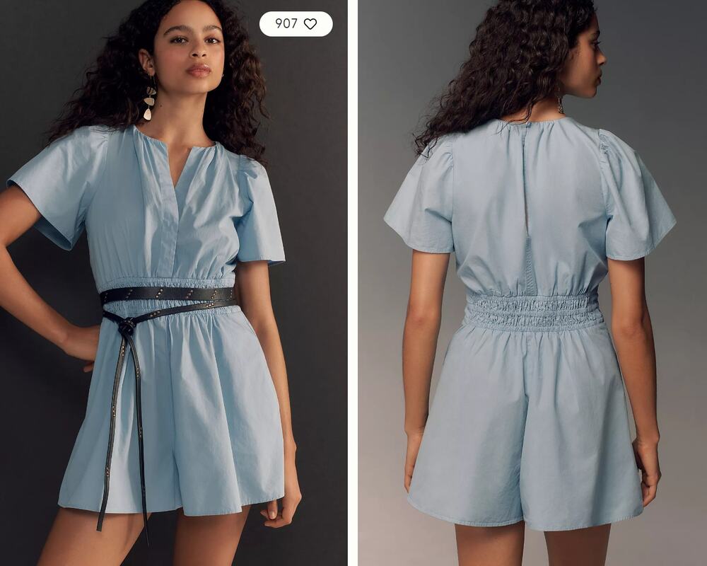 Anthropologie The Somerset Poplin Romper Women XL Blue NWT Smocked Boho